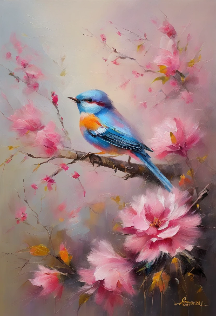 Birds remain in pink bloom,Take pollen,Colors are eye-catching,sharp