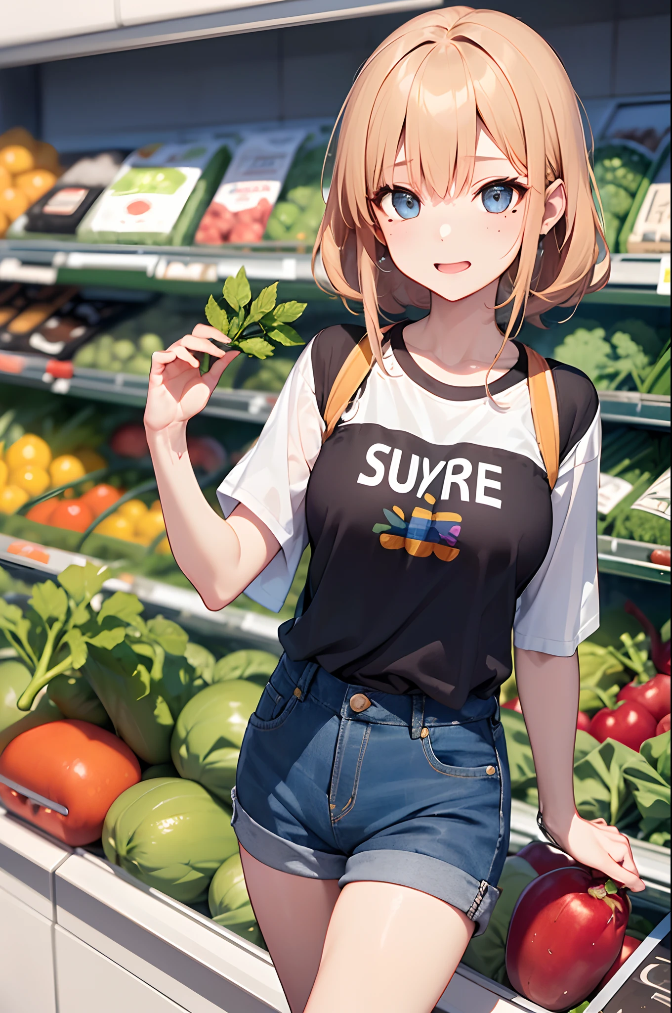 (Girl with a nasty appearance:1.3)、(supermarket:1.5)、(and chest:1.4)、Raw photography, top-quality, hight resolution, (masterpiece), (Photorealsitic:1.4), (Mole under the eyes),Anime Cosplay, foco nítido, nffsw, 8K分辨率, intricate detailes, depth of fields, the Extremely Detailed CG Unity 8K Wallpapers, front lit, femele,25-years old、 Happy face、(Odango Hair:1.5)、(shopping:1.5)、see -through、(Medium Gold Hair)、blue eyess,(Holding a vegetable in one hand:1.5)、(T-shirt and denim hot pants:1.3)、Shopping for dinner