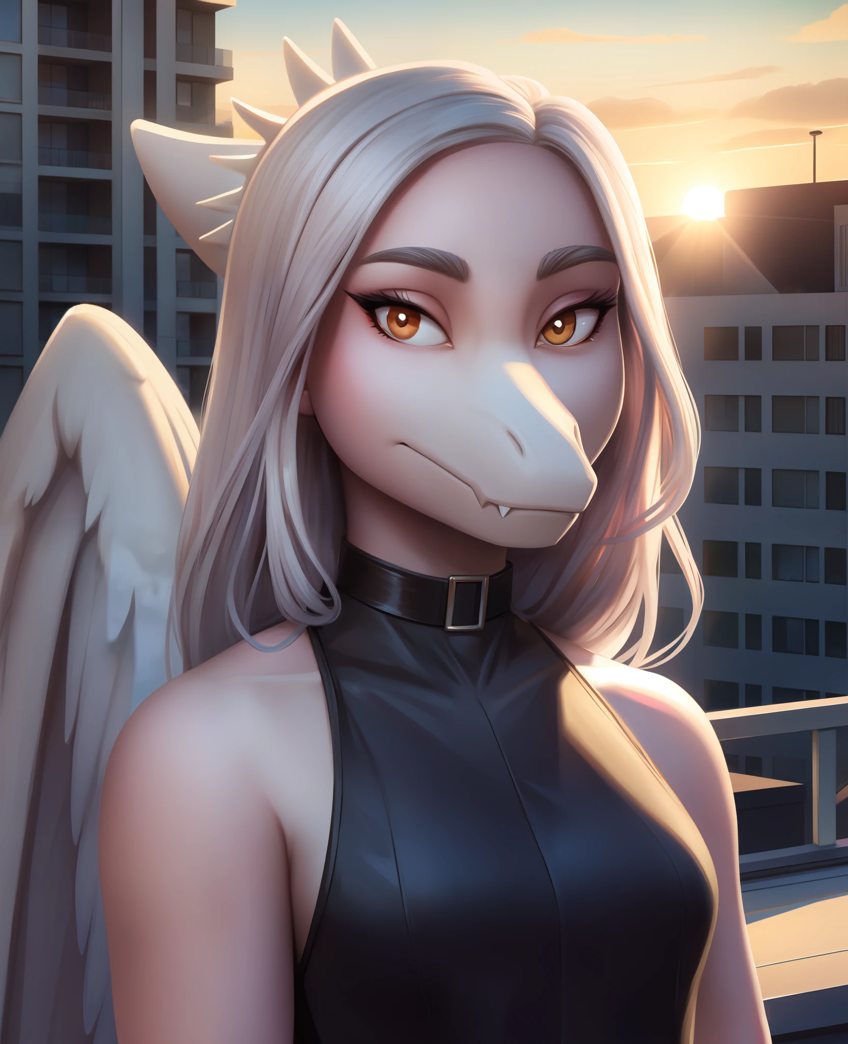 Fang, female, Dinosaur, pterodactylus, scalie, portrait, looking at viewer, rooftop, black clothes, choker, half closed eyes, wings, hair, outdoors, hdr