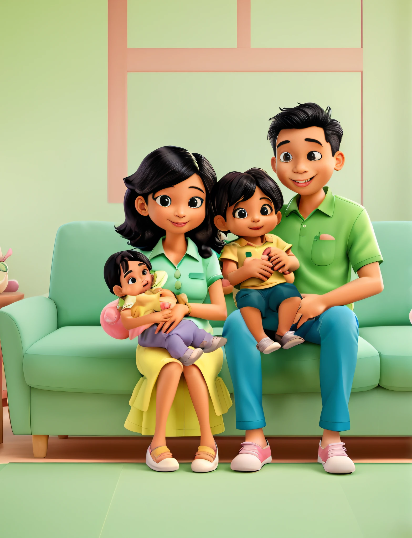 (best quality,4k,8k,highres,masterpiece:1.2),bright illustration 3D,happy family,mom and dad with 2 children sitting on sofa,smiling faces,warm atmosphere,cozy living room,comfortable cushions,vivid colors,lively scene,sunlight pouring in,soft natural lighting,loving parents,joyful kids,enjoying quality time together,affectionate bond,harmonious relationship,bright background,cheerful expressions,mom's beautiful eyes and smile,dad's kind appearance,cute and happy children,relaxed and content,beautifully detailed eyes,soft and cozy sofa fabric,realistic texture on the cushions,impressive attention to detail,immaculate 3D rendering,warm tones,perfectly balanced composition,vibrant artwork,engaging and lively setting,lovingly depicted family,blissful moment captured,lovely family portrait,enchanting and heartwarming visual.