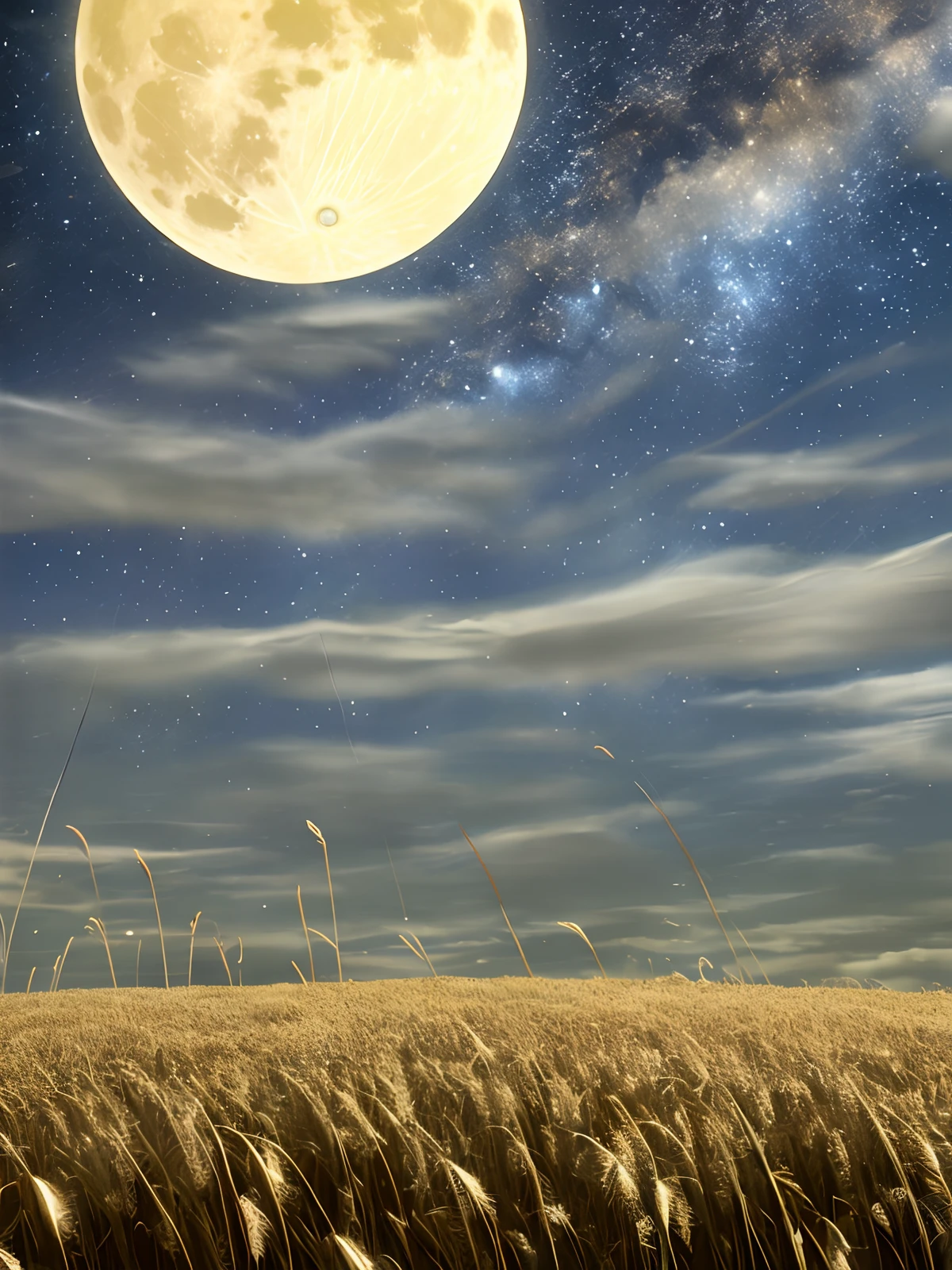 grass field、Fantastic starry sky、Shining Full Moon、Steppe grass swaying in the wind、Photoquality、Live Action、Realisticity、Transparency、Realistic depiction、The 8k quality、nffsw、Digital SLR、hightquality、film grains、FujifilmXT3、starrysky、(Full Moon Night)、Giant miscanthus、Faintly shining pampas grass、harvest moon、autumnal、