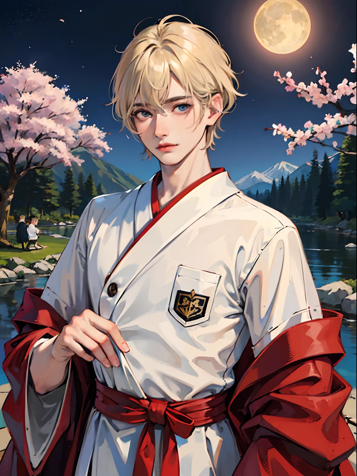1boy, only、(Man's :2),(bobhair:1.5)、a blond、Upper body naked、Moon Night 、Japanese garden、cherry trees、lantern、hightquality、masutepiece,8K,
