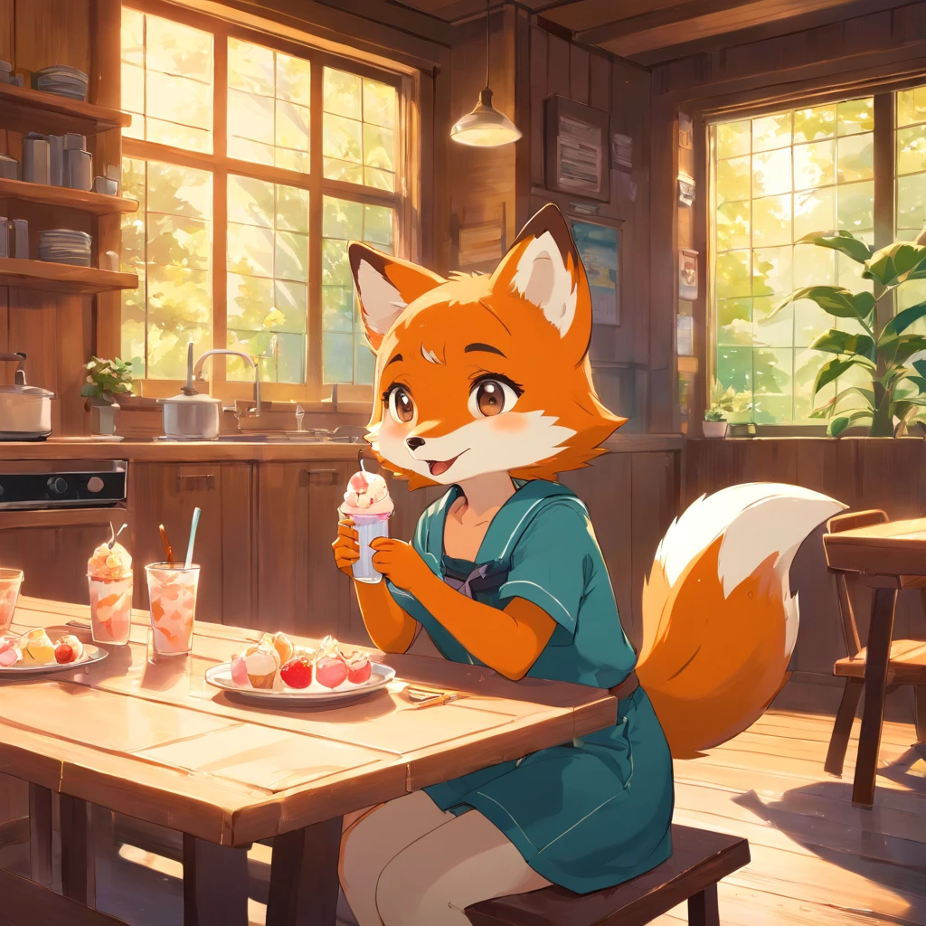 Anime character Little Cute Fox Girl eating icecream, A large room, A lonely day, Fantasy treehouse, The room was full of possessions, , in front of a warm barbecue, Comfortable room with fur carpet, afternoon snack, Plants on the dining table, Soft light through the windows