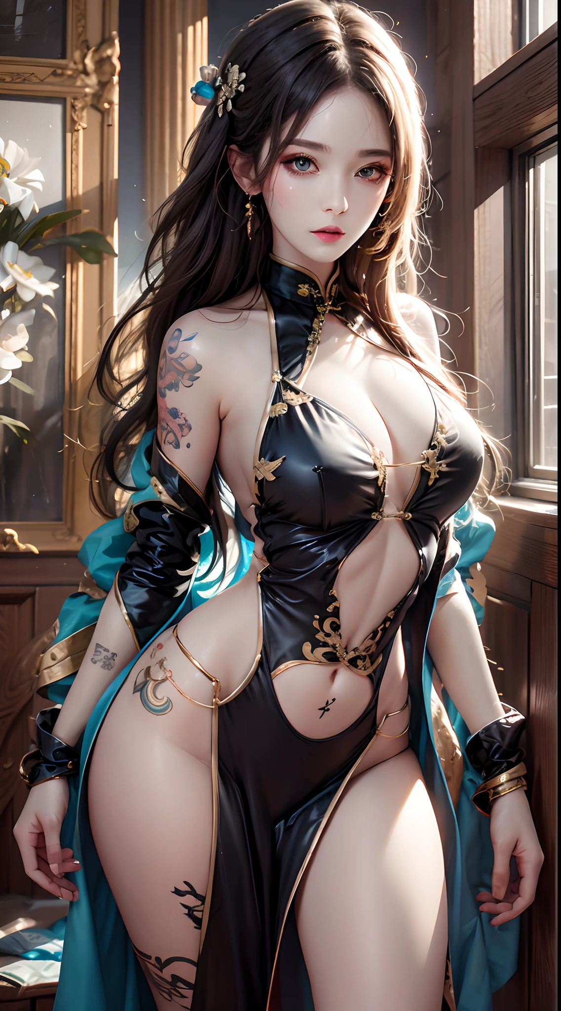 photorealistic, high resolution, 1women, solo, hips up, jewelry, tattoo, wavy hair, cheongsam