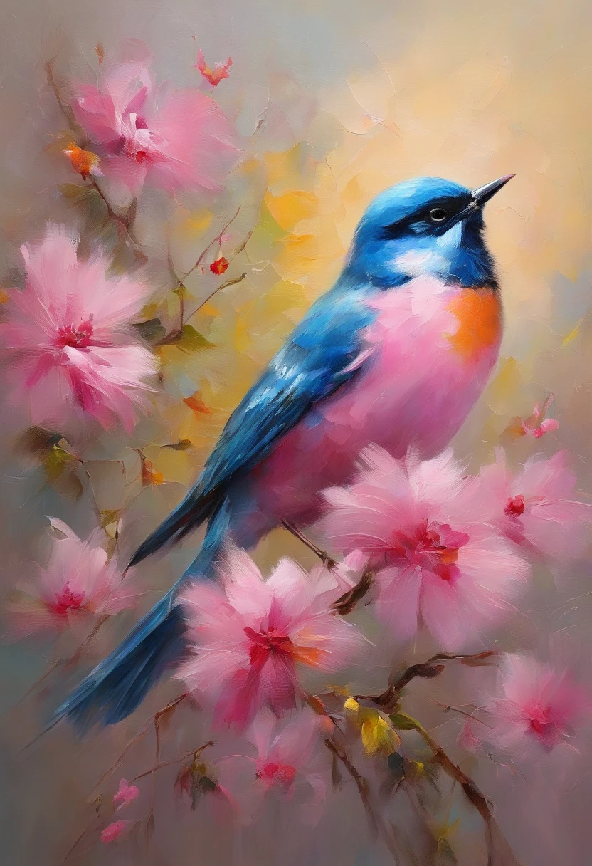 Birds remain in pink bloom,Take pollen,Colors are eye-catching,sharp