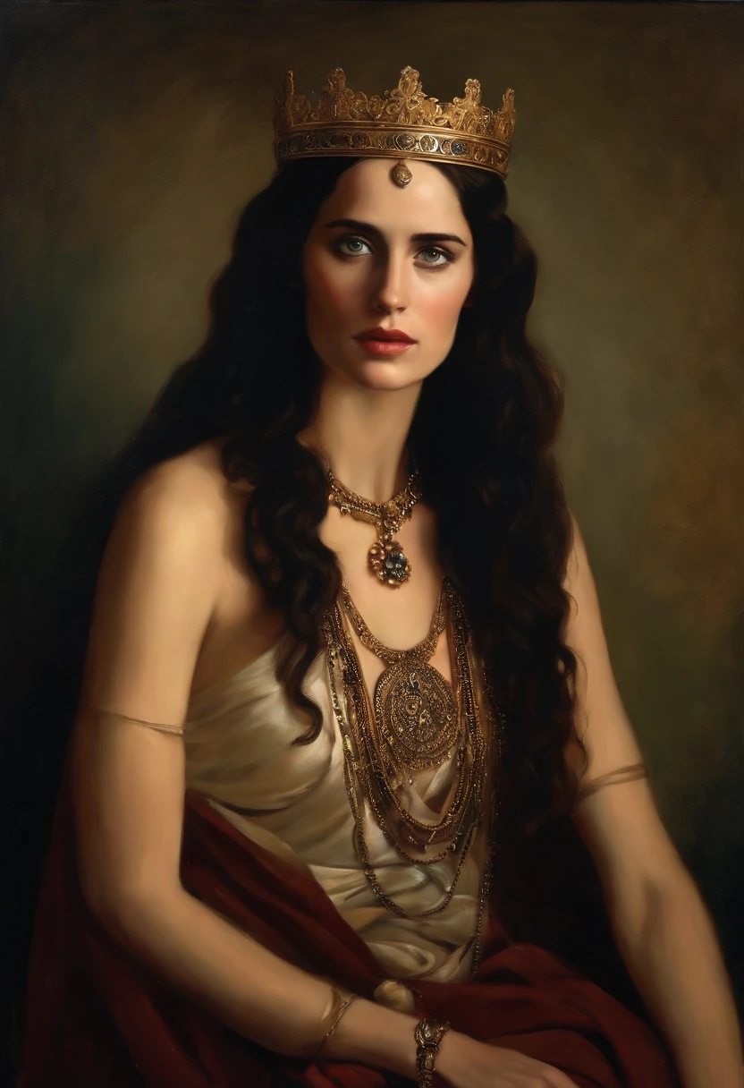 saint george realist human ultra realist, inspired by eva green, greek , ancient woman , ancient necklace, tiara on head, ancient jewlery, dark light, oil painting, old ancient painting
