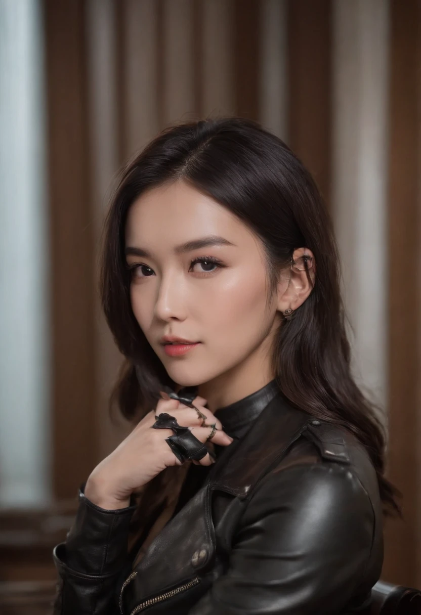 Upper body covered with black leather gloves up to the fingertips in both hands, black leather double riders jacket, slender necklace, young and cute Japanese girl with beautiful black hair, sitting on a black leather chair facing the desk in the president's room at night, sitting on a cheek stick