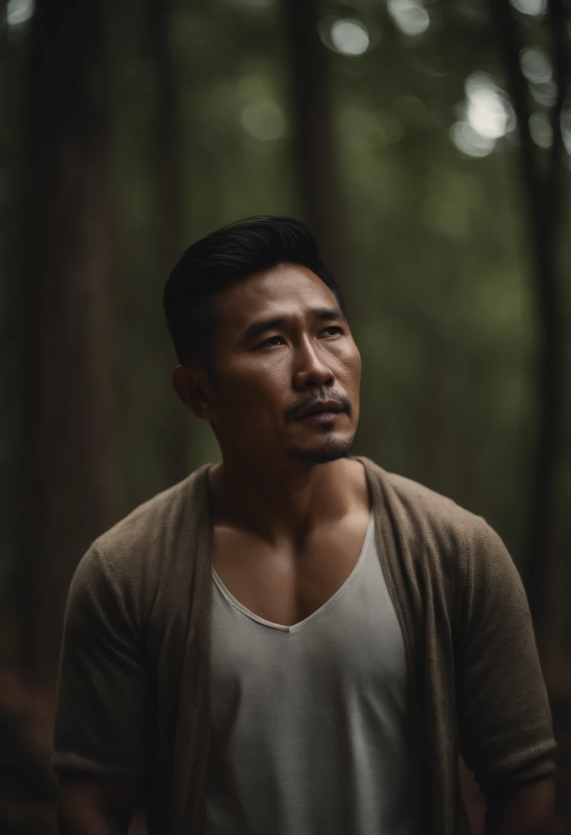 Portrait of a asian man doing breathwork in a forest
