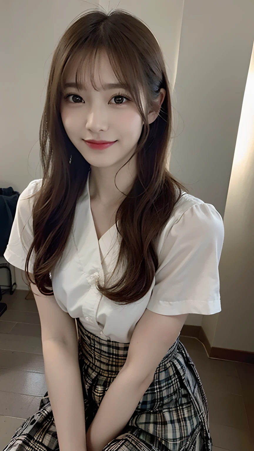 masterpiece、1 beautiful girl、A detailed eye、Puffy eyes、top-quality, 超A high resolution, (Realisticity: 1.4), cinematlic lighting、japanes、Asian Beauty、Korea person、Super beauty、Beautiful skin、A slender、The body is facing forward、(A hyper-realistic)、(hight resolution)、(8K)、(ighly detailed)、(beautifully detailed eyes)、(ultra-detailliert)、 (wall-paper)、A detailed face、Bright lighting、profetional lighting、looking at viewert、Facing straight ahead、The outfit is a neat gray shirt and dress、oblique bangs、inside in room、Brown hair、乃木坂アイドル、韓国アイドル、hposing Gravure Idol、女優、25-years old、tall,
