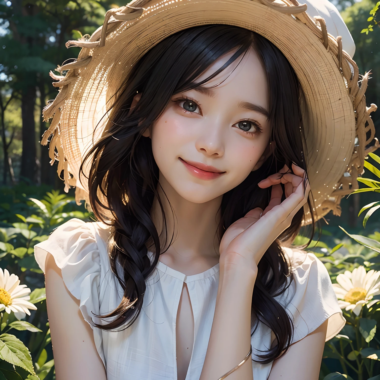 Top quality, 8K, Illustration of light novel style with delicate drawings in the adventure genre. A close-up of the herbalist's face. She is wearing a summer hat and has a feminine bob hairstyle. She is sweating and blushing slightly, but smiling beautifully. Her smile is warm and gentle, showing her white teeth. Her eyes are green and almond-shaped, looking at the protagonist with gratitude and curiosity. cinematic lighting