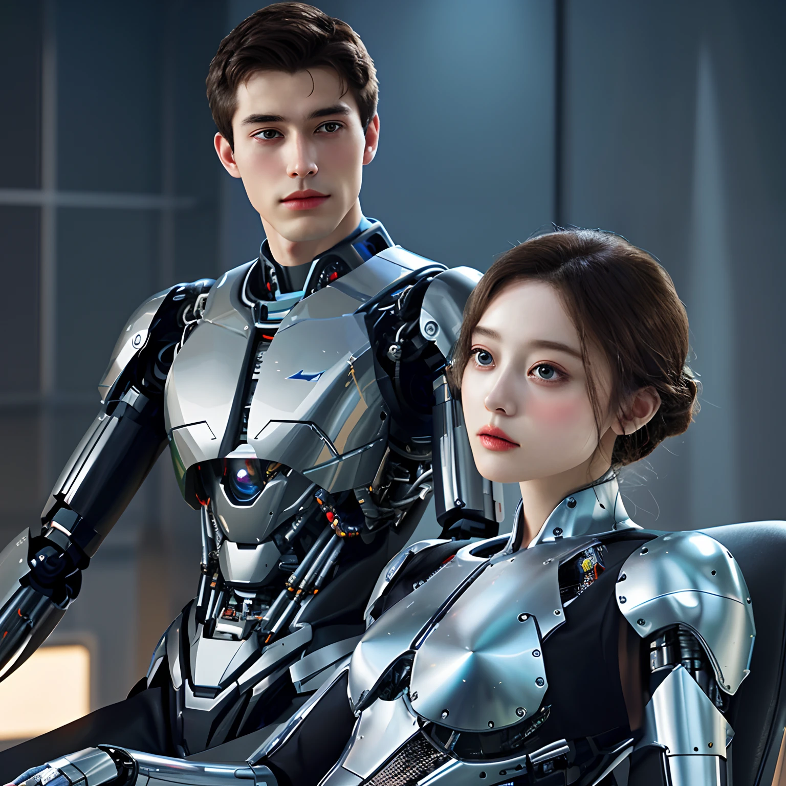 The beauty leans on her robot boyfriend，His eyes looked at his robot boyfriend with admiration，--real，Full body photo