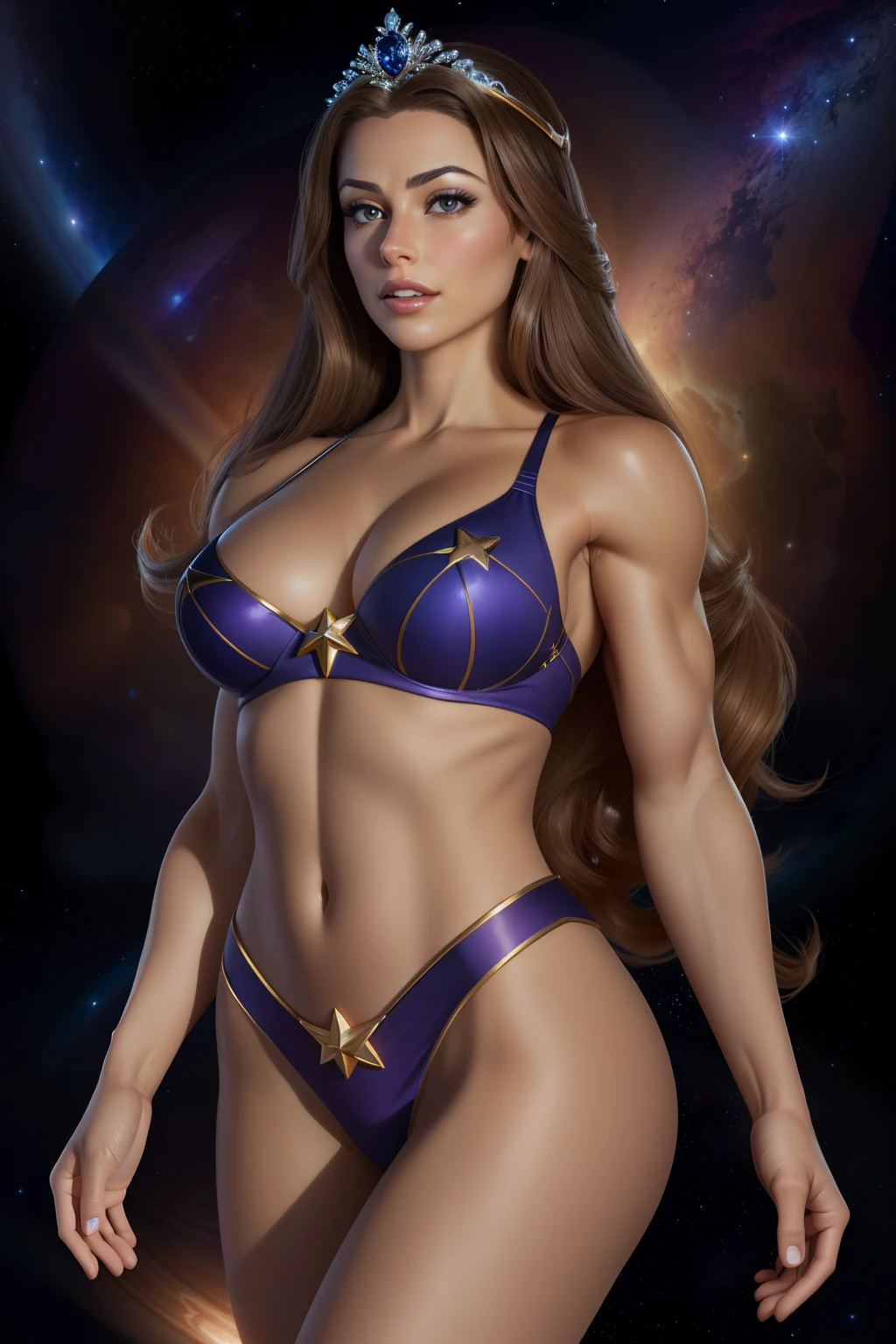 ( Masterpiece, 4k resolution, ultra-realistic, very detailed) Sexy star sapphire cosmic super heroine (wears a tiara/headband) photography by artgerm, in the style of realism, glistening skin, cartooncore, mangacore, natural lighting, Defined full lips. Muscular fitness feminine body (In space)