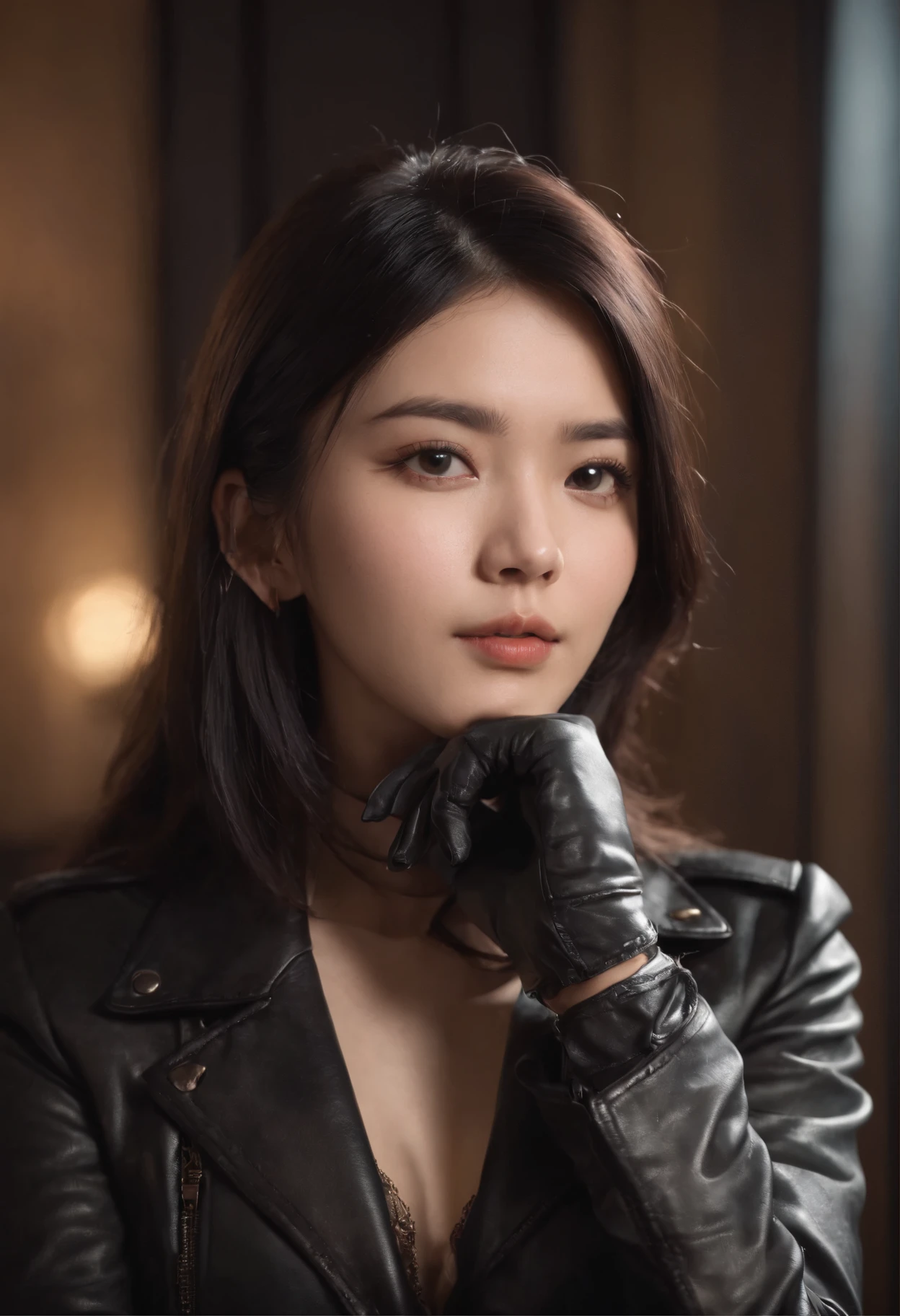 Upper body covered with black leather gloves up to the fingertips in both hands, black leather double riders jacket, slender necklace, young and cute Japanese girl with beautiful black hair, sitting on a black leather chair facing the desk in the president's room at night, sitting on a cheek stick