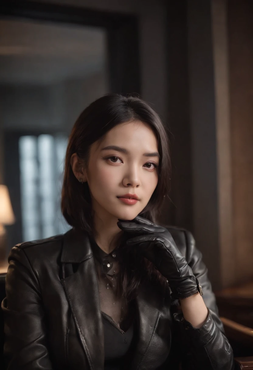 Upper body covered with black leather gloves up to the fingertips in both hands, black leather double riders jacket, slender necklace, young and cute Japanese girl with beautiful black hair, sitting on a black leather chair facing the desk in the president's room at night, sitting on a cheek stick