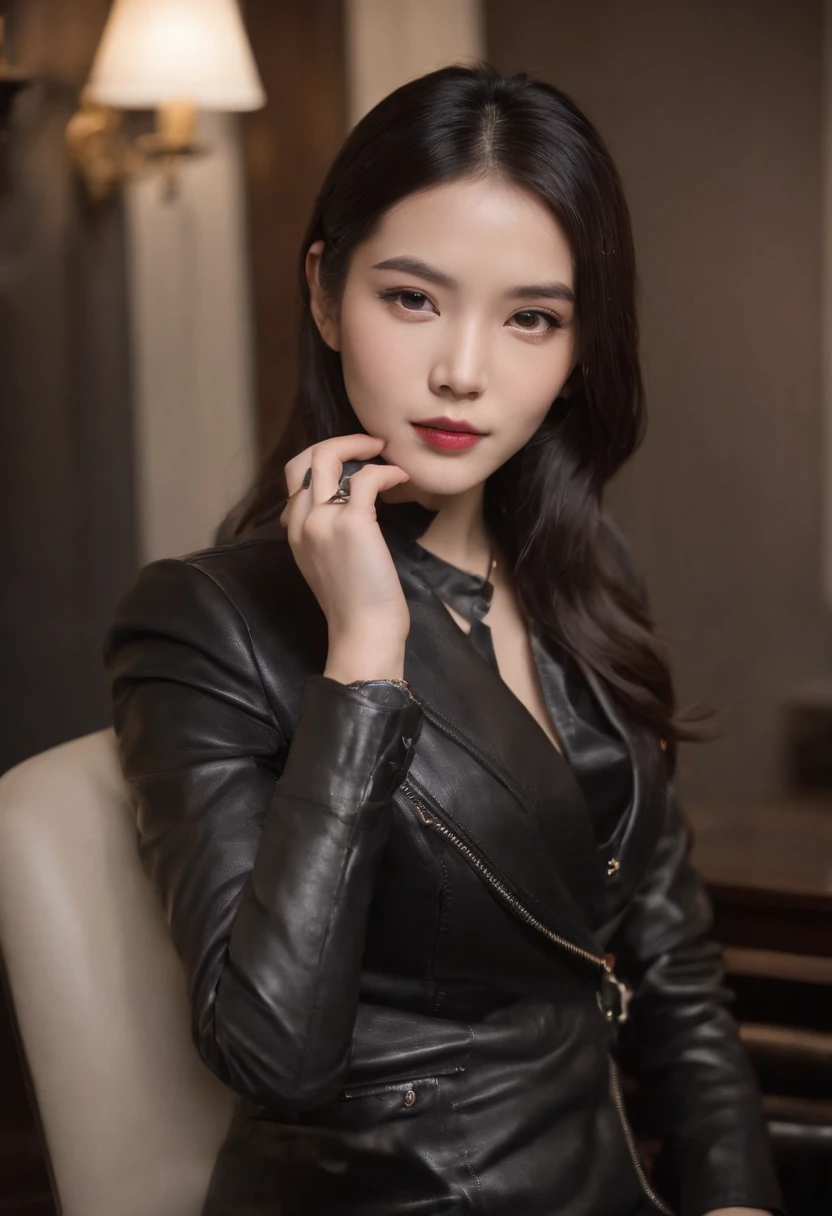 Upper body covered with black leather gloves up to the fingertips in both hands, black leather double riders jacket, slender necklace, young and cute Japanese girl with beautiful black hair, sitting on a black leather chair facing the desk in the president's room at night, sitting on a cheek stick