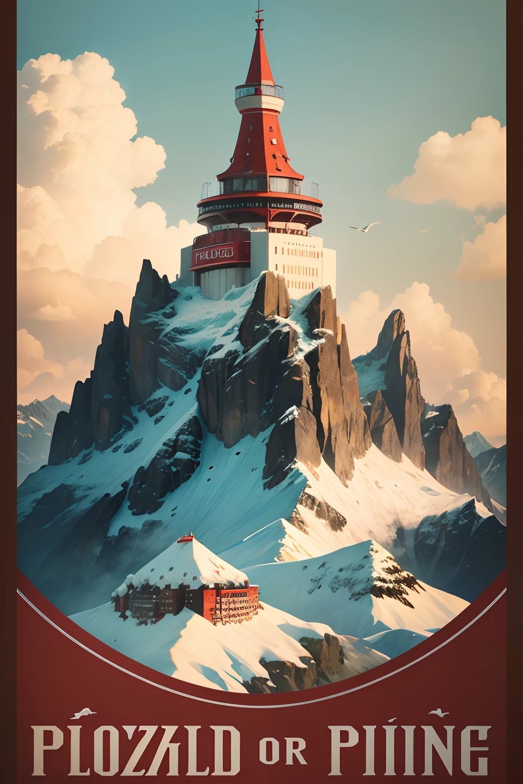 Create a poster in the style of old swiss railway poster that advertises the piz gloria restaurant, a revolving restaurant on top of the Schilthorn mountain in Switzerland. The poster should include the name of the restaurant, the elevation of the mountain, and a scenic view of the Alps. birds eye view, art nouveau style