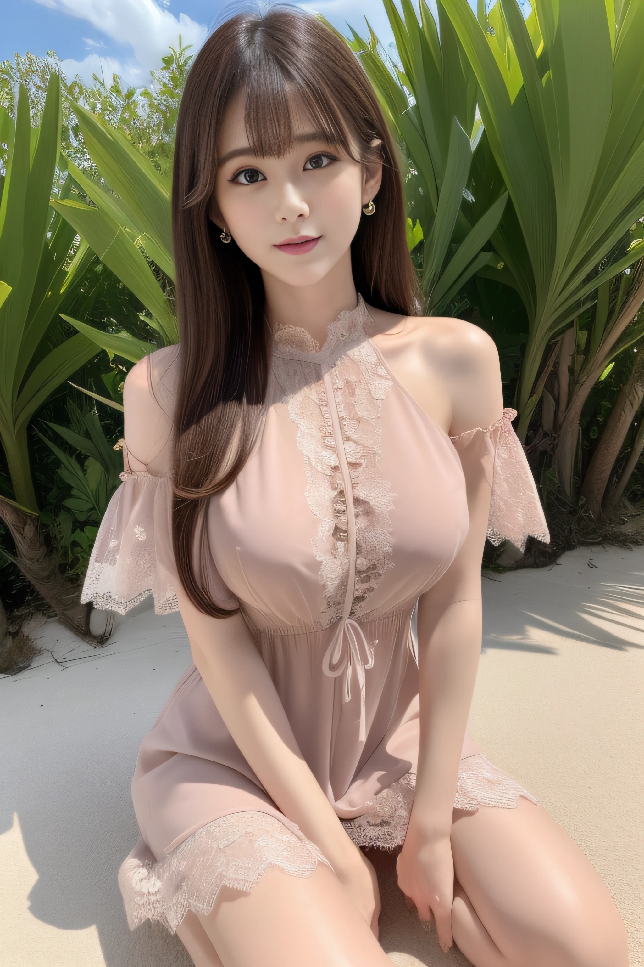Carly，The eyes are delicate，Delicate hair color，Pink transparent lace mini dress，Huge ，Too many，Large and drooping，Big Titietla Big ， （（（masterpiece）））， （（The best quality at its best））， （（Intricate details））， （（Ultra-realistic））