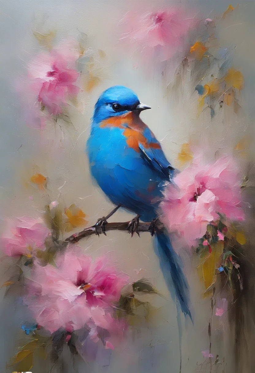 Blue bird remains pink flower,Take pollen,Colors are eye-catching,sharp