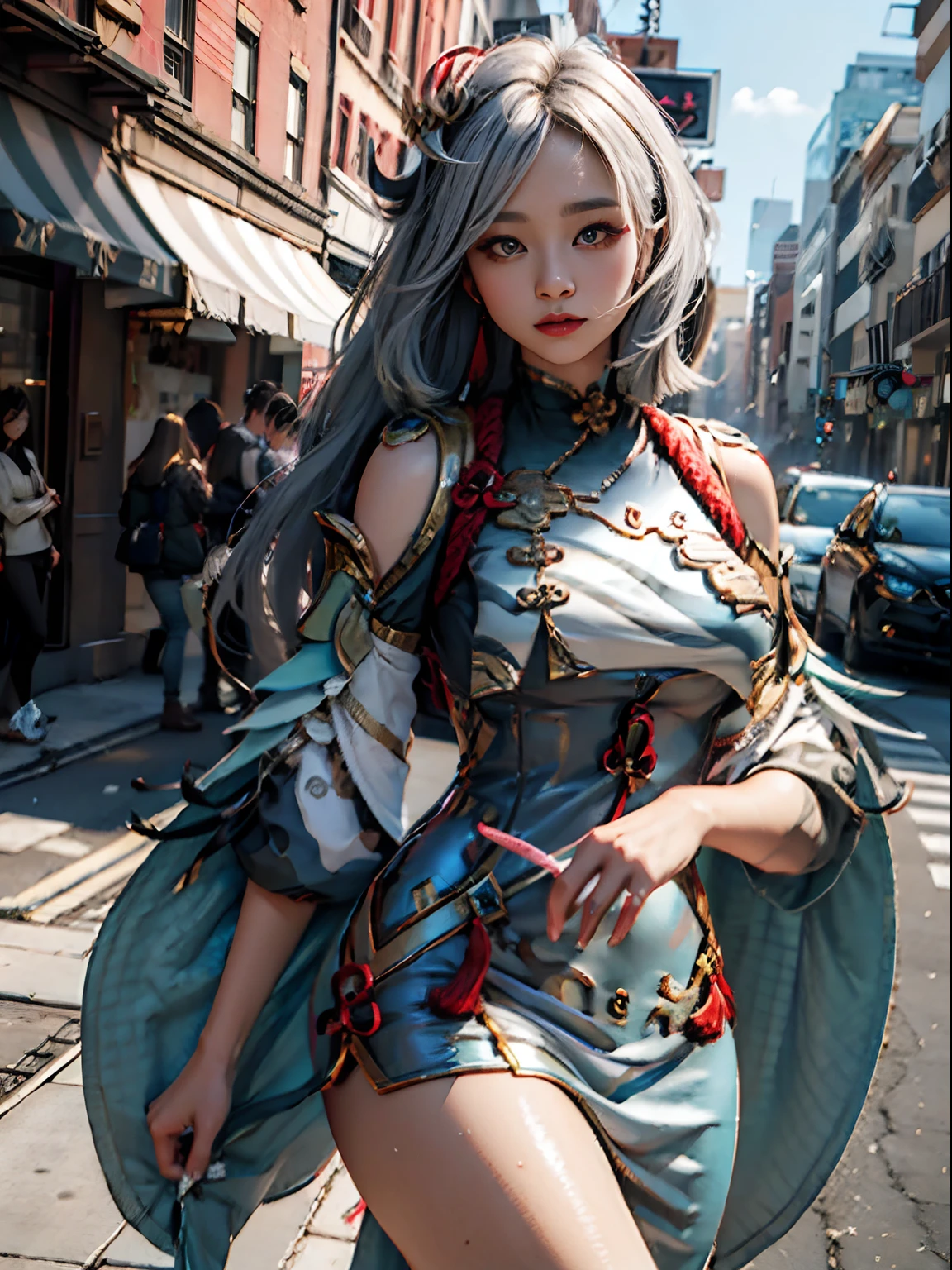 Shenhe(genshin impact)（Masterpiece：1.2）， （Best quality：1.2）， Perfect eyes， Perfect face， Volumetric lighting, 1girll， Now sexy and mature， ， Web dress， Clothes open, light hair, shoulder, Best employees， Strict facial expression, whimsical, On the street， Detailed background, makeup application, Lipsticks, eyeshadow, mascara, thick eyelashes, full bodyesbian, emboiled,