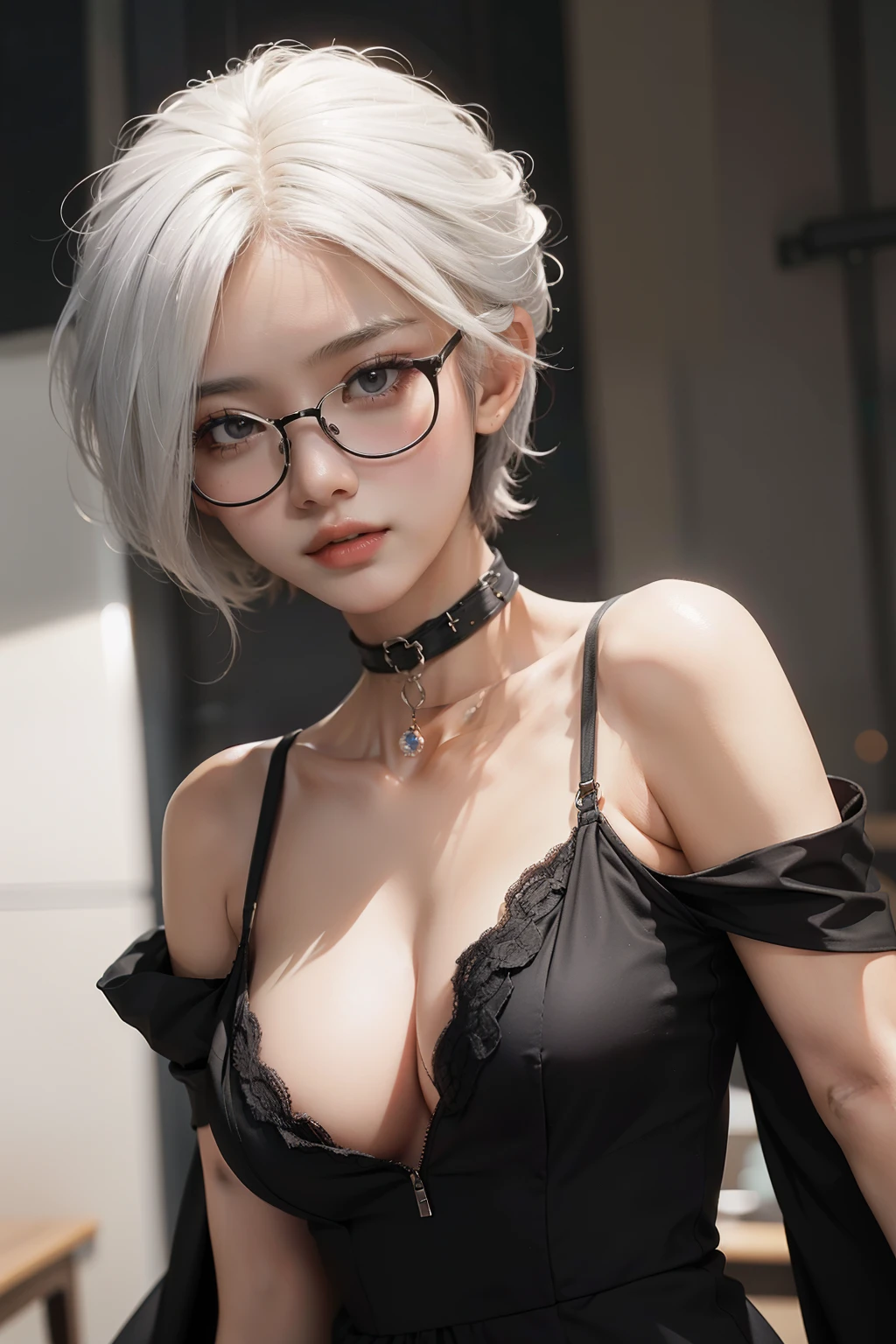 (masterpiece), (best quality), 8k resolution, 1girl, Asian girl, stunning beauty, perfect face, mature female, 20yo, sexy, short hair, white hair, black low-cut dress, wearing glasses, black choker