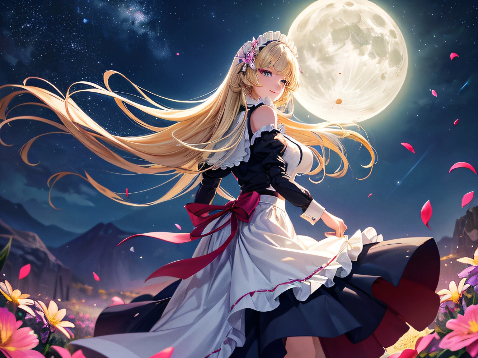 Professional Lighting,masutepiece,Best Quality,ultra-detailliert,4K,superfine illustration,very detailed beautiful face and eyes,White skin,Rim lighting,Fantasy,(Moonlight:1.3),Cowboy Shot,1girl in,Lori,skinny,glamor,(Traditional Maid Collar Shirt:1.3),Blonde hair,Twin-tailed,Very long hair,Floating hair,Off-shoulder,Long skirt,Happy smile,(Looking back:1.3),(wind lift:1.3),Dynamic Pose,Plants,(flower:1.4),(Multiple flowers:1.4),Beautiful starry sky,Colorful,(flying petal:1.4),Flowery meadow,Wind,fullmoon,Night,Outdoors,from behind,Dynamic Angle,