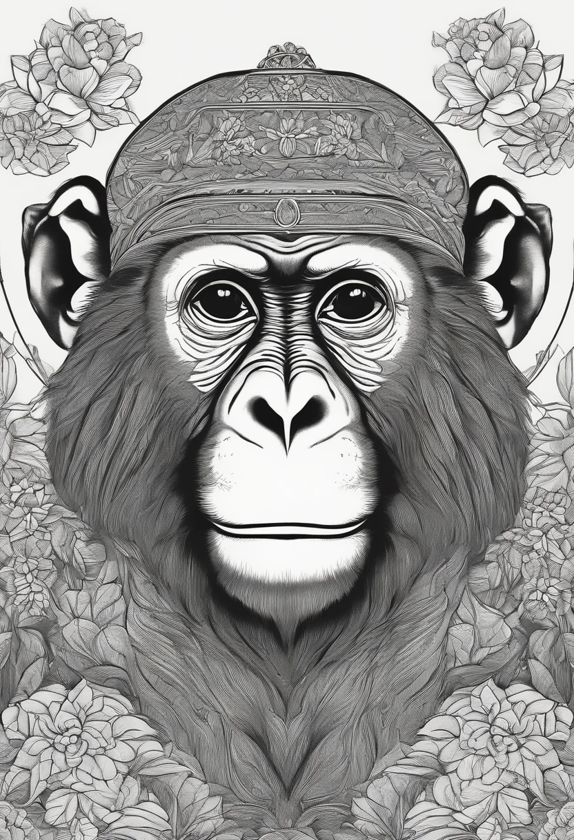 monkeys,A half body,Line drawing drawing,Line drawings,Black and white color scheme,chinese style,超高分辨率,8K