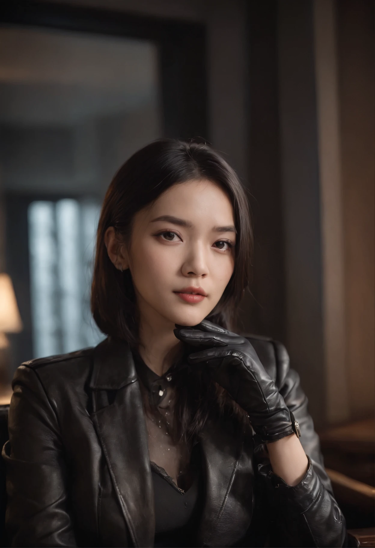 Upper body covered with black leather gloves up to the fingertips in both hands, black leather double riders jacket, slender necklace, young and cute Japanese girl with beautiful black hair, sitting on a black leather chair facing the desk in the president's room at night, sitting on a cheek stick