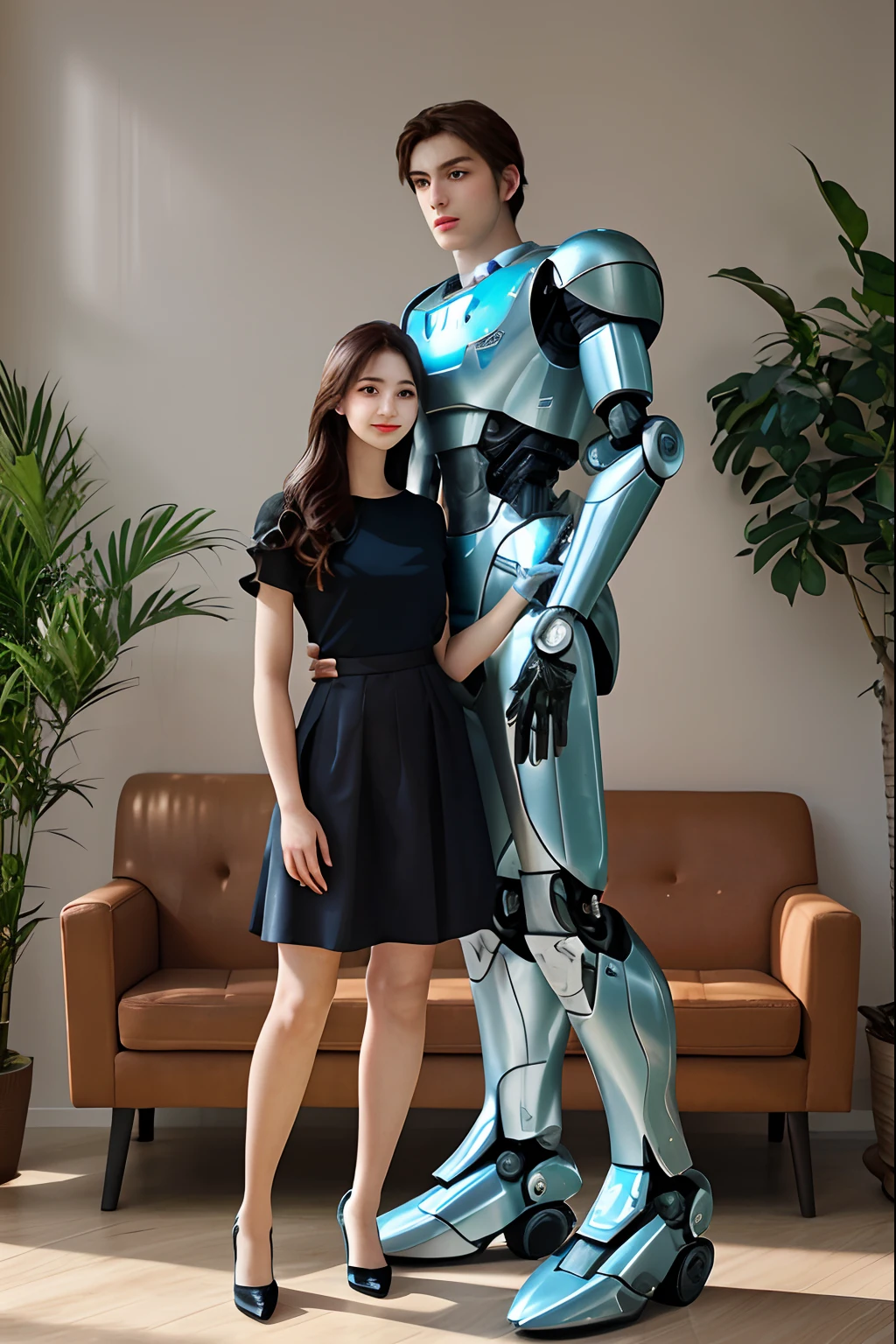 The beauty leans on her robot boyfriend，His eyes looked at his robot boyfriend with admiration，--real，Full body photo