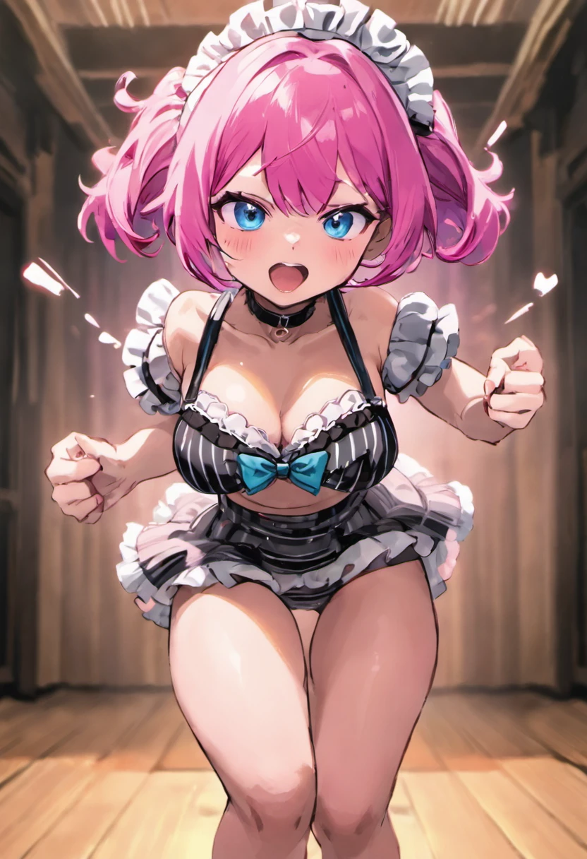 {{{NSFW, Lwrd}}} {{{nipples visible through clothes}}}{{{large areolae}}}{{{vulgarity}}}{{{girl}}} She looks happy in her pretty maid's outfit. Pink haired girl Merikensack, foolhair, 1girl, underwear, panties, solo, striped panties, kicking, stripes, pink hair, blue eyes, motion blur. Underwear, panties, 1girl, striped, striped panties, kicking, blurry, depth of field, motion blur, blurry foregr