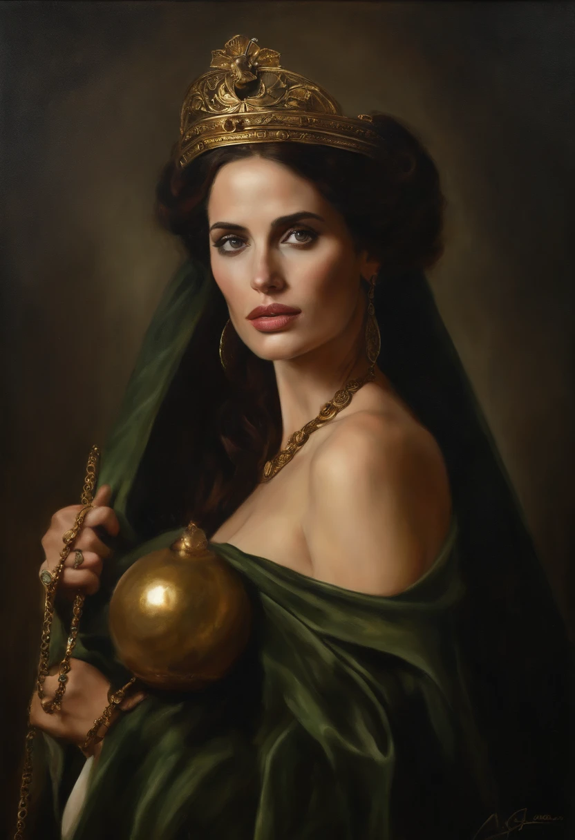 saint george realist human ultra realist, inspired by eva green , angelina jolie ,kaya scuderio, greek , ancient woman , ancient necklace, tiara on head, ancient jewlery, dark light, oil painting, old ancient painting, old medival painting, oil painting scratch by time,