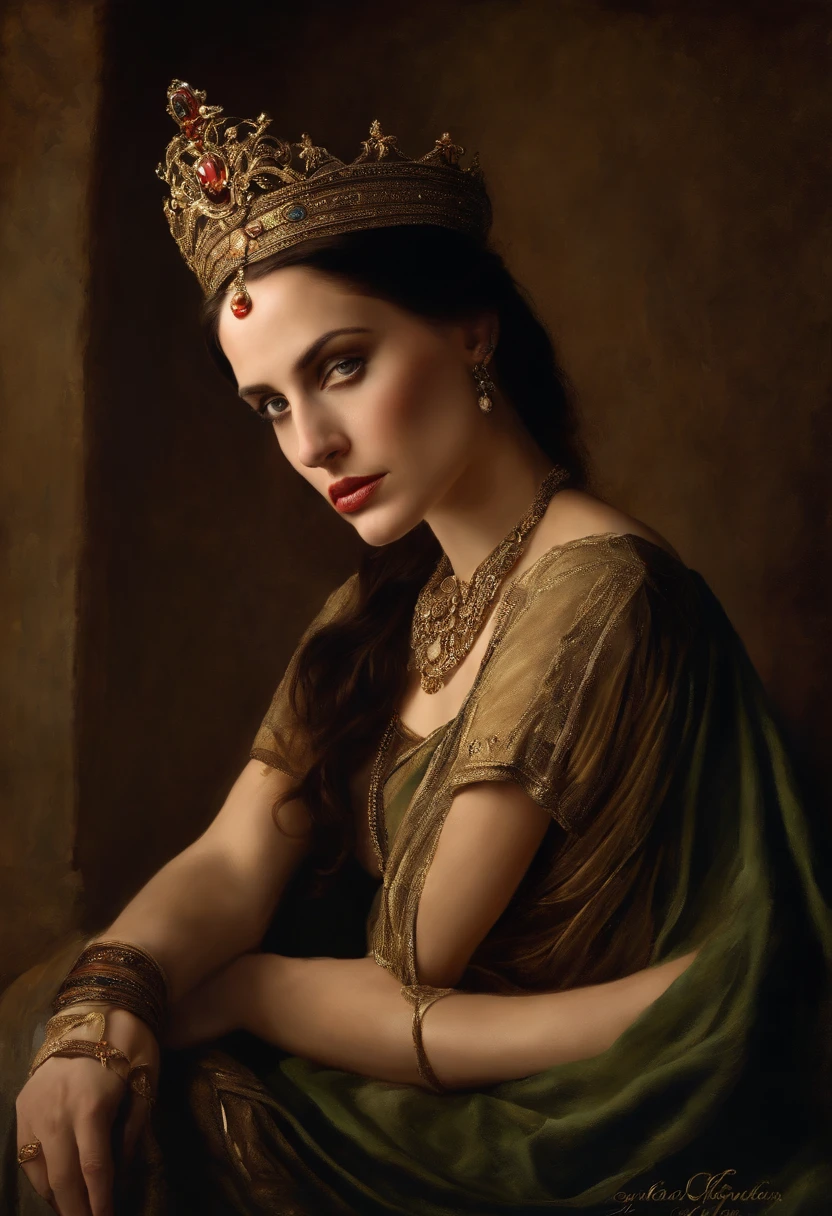 saint george realist human ultra realist, inspired by eva green , angelina jolie ,kaya scuderio, greek , ancient woman , ancient necklace, tiara on head, ancient jewlery, dark light, oil painting, old ancient painting, old medival painting, oil painting scratch by time,