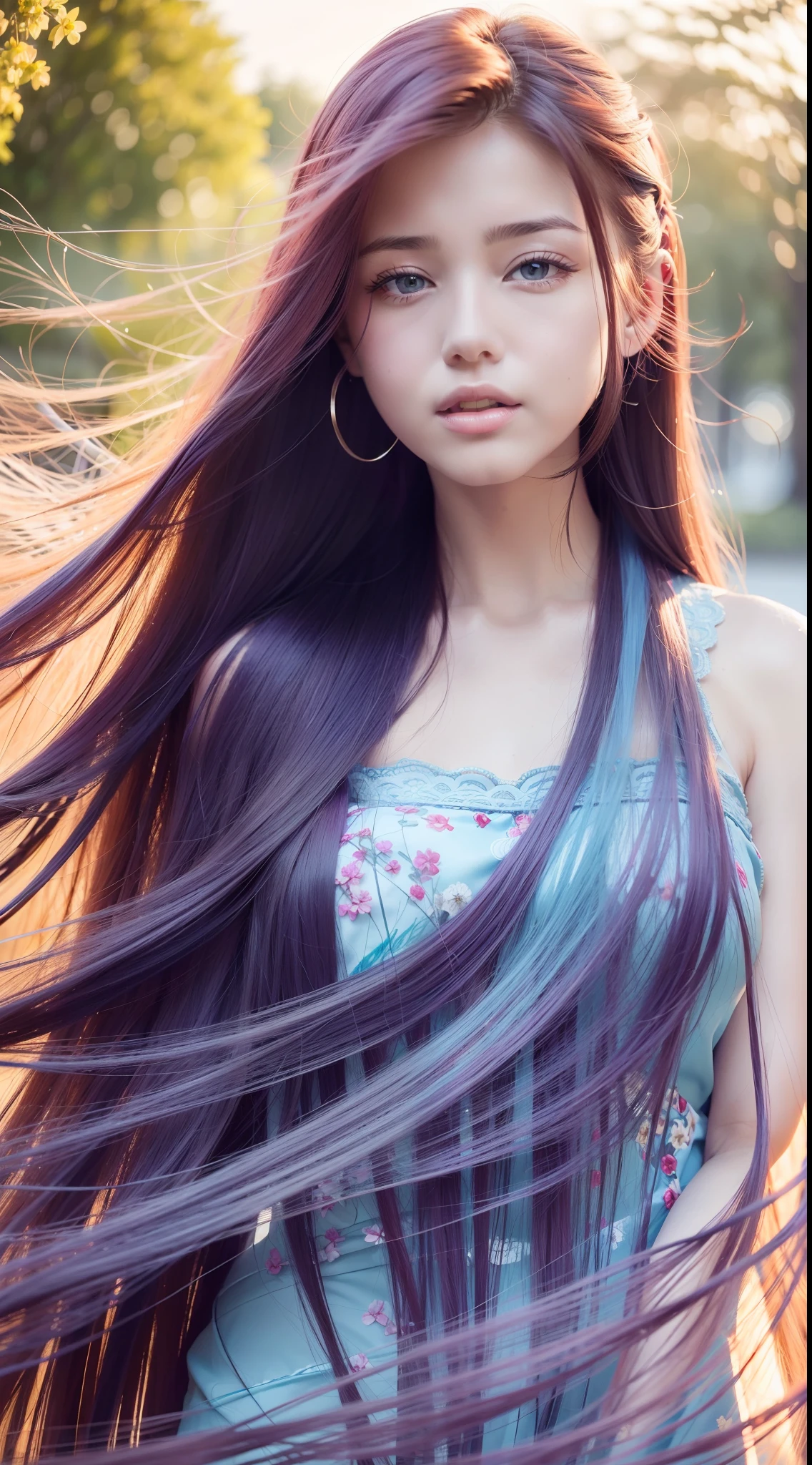Best quality, A high resolution, Ultra-detailed, Realistic, Beautiful red to blue gradient wavy long hair blowing on a woman's serene face in a soft breeze, Long flowing hair was lifted, Vibrant flowers in the background of the park, Close-up shot