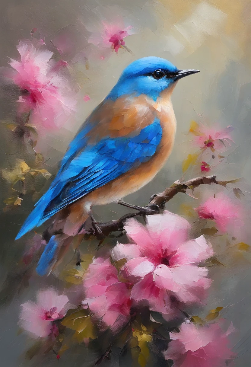 Blue bird remains pink flower,Take pollen,Colors are eye-catching,sharp, best quality,