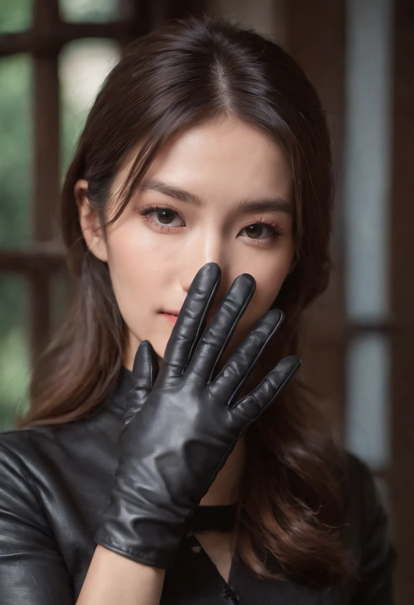 Pretty girl in Japan Black leather gloves Hand parts model