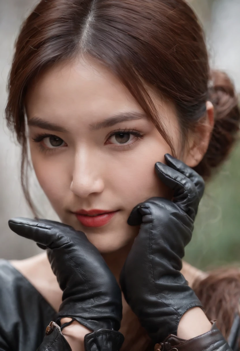 Pretty girl in Japan　Black leather gloves　Hand parts model