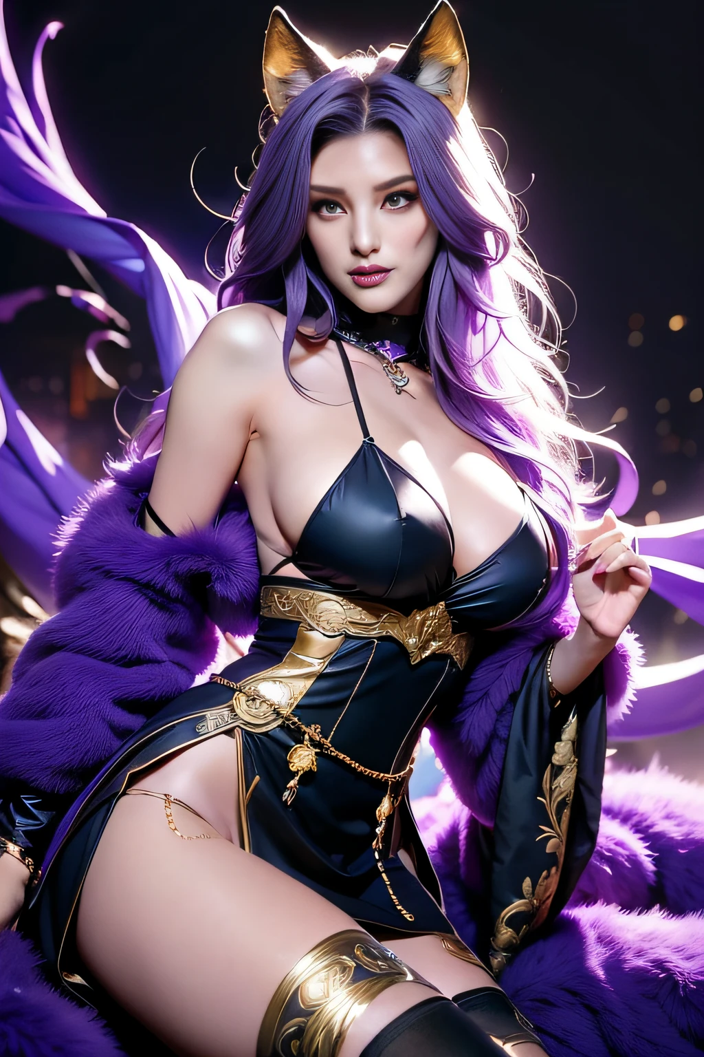 the witch, Wolf Clan, Magical style, Tanuki in League of Legends, Wolf ears, Wolf tail, golden hair, Hair purple pick-dye, Black and purple color scheme, short sexy dress, Gold-rimmed décor, blackstockings, Fangs and claws, Sexy and feminine, anatomically correct, textured skin, best quality, 8k