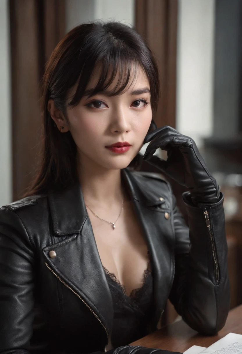 Upper body covered with black leather gloves up to the fingertips in both hands, black leather double riders jacket, slender necklace, young and cute Japanese girl with beautiful black hair, sitting on a black leather chair facing the desk in the president's room at night, sitting on a cheek stick