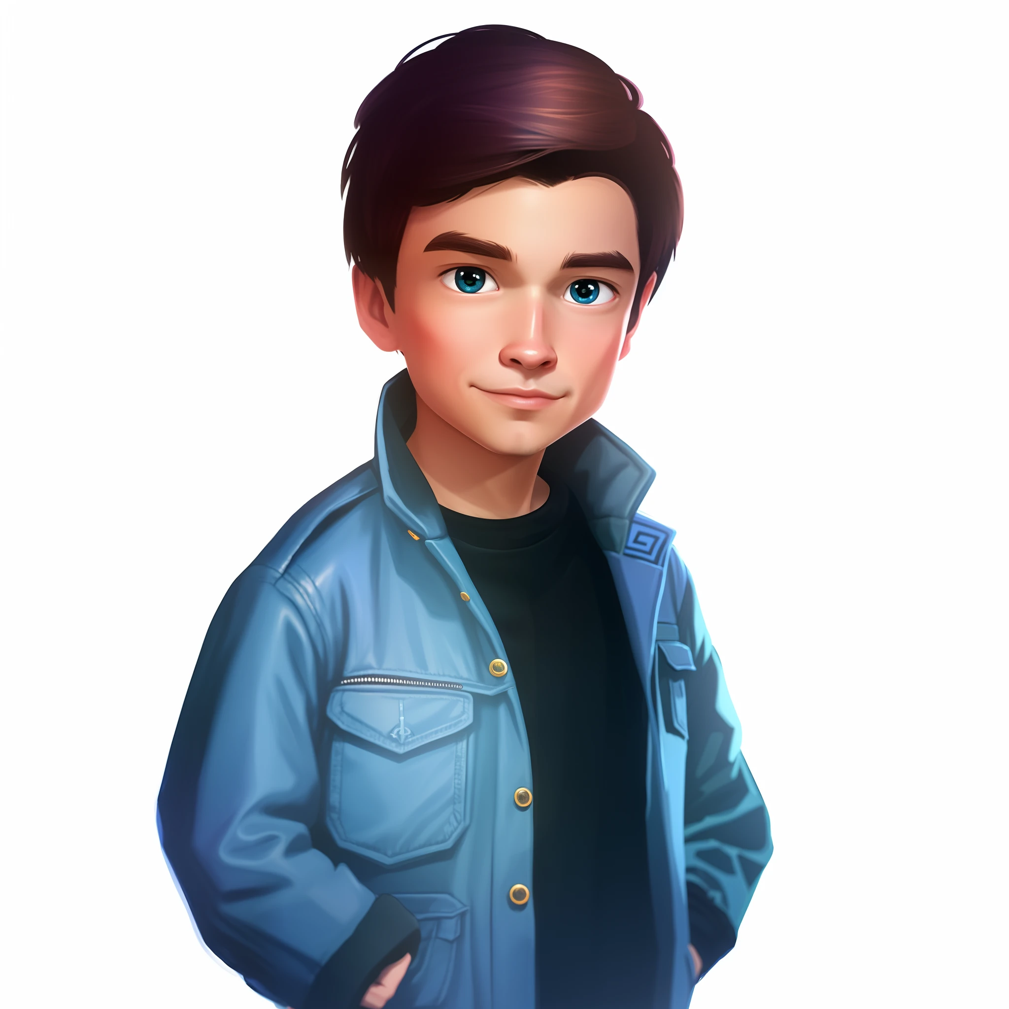 A cartoon boy in a blue jacket and black shirt, character concept portrait of me, character headshot portrait, detailed character portrait, character portrait of me, realistic art style, full body character portrait, full body character portrait, a character portrait, Portrait of Max Caulfield, stylized portrait, Character portrait, official character art, Character art portrait, chumbo masculino, Andy lau, 8K