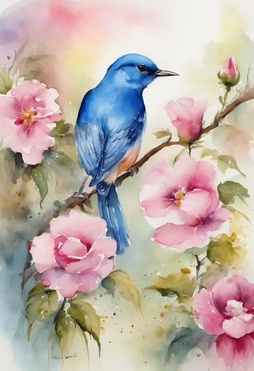 Blue bird remains pink flower,Take pollen,Colors are eye-catching,sharp, Best Quality,