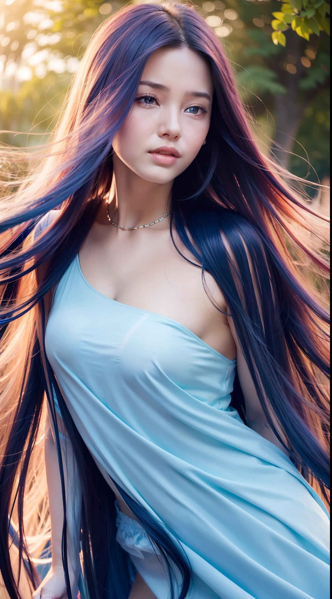 Best quality, A high resolution, Ultra-detailed, Realistic, Beautiful red to blue gradient wavy long hair blowing on a woman's serene face in a soft breeze, Long flowing hair was lifted, Vibrant flowers in the background of the park, Close-up shot,Lightweight