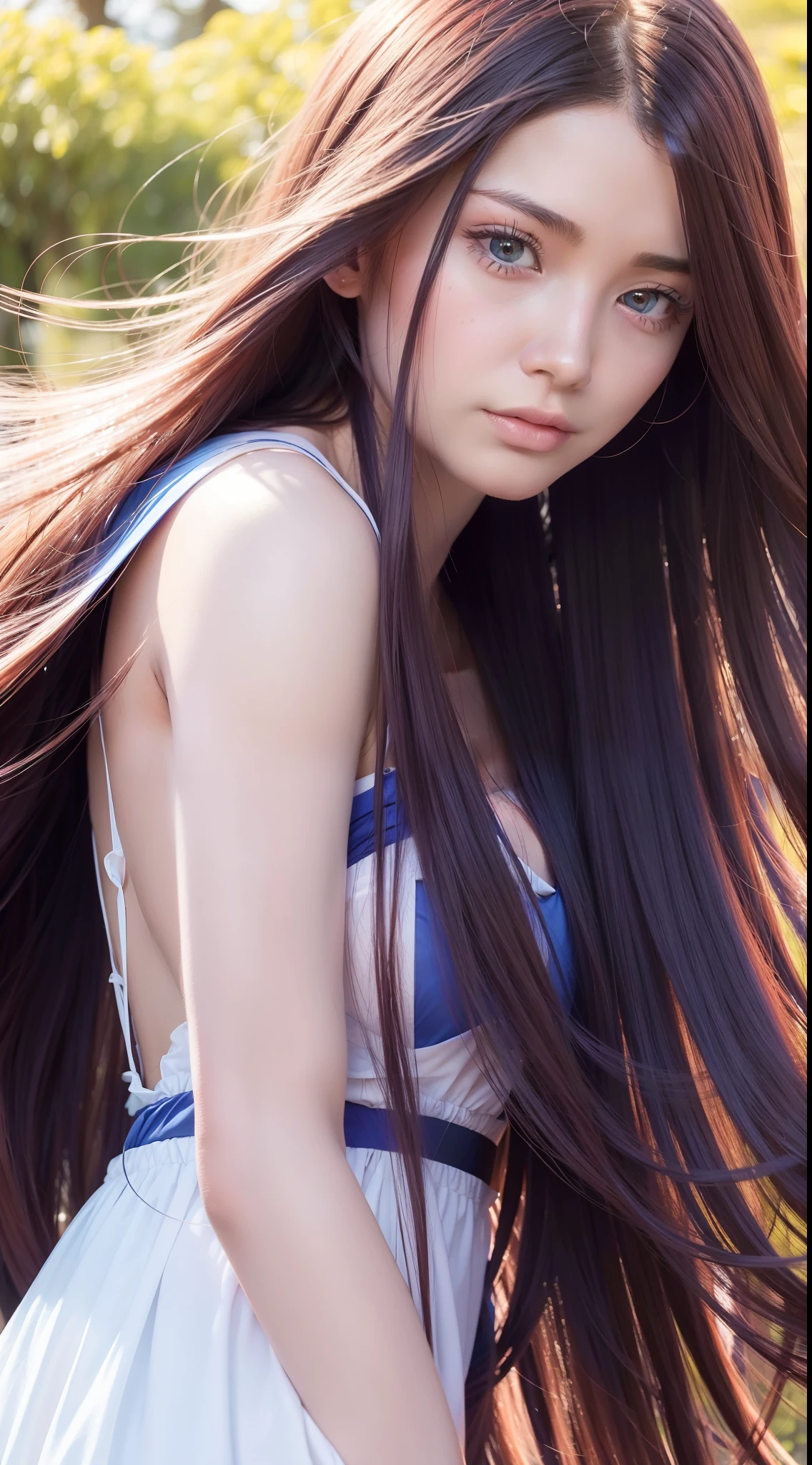 Best quality, A high resolution, Ultra-detailed, Realistic, Beautiful red to blue gradient wavy long hair blowing on a woman's serene face in a soft breeze, Long flowing hair was lifted, Vibrant flowers in the background of the park, Close-up shot,Lightweight