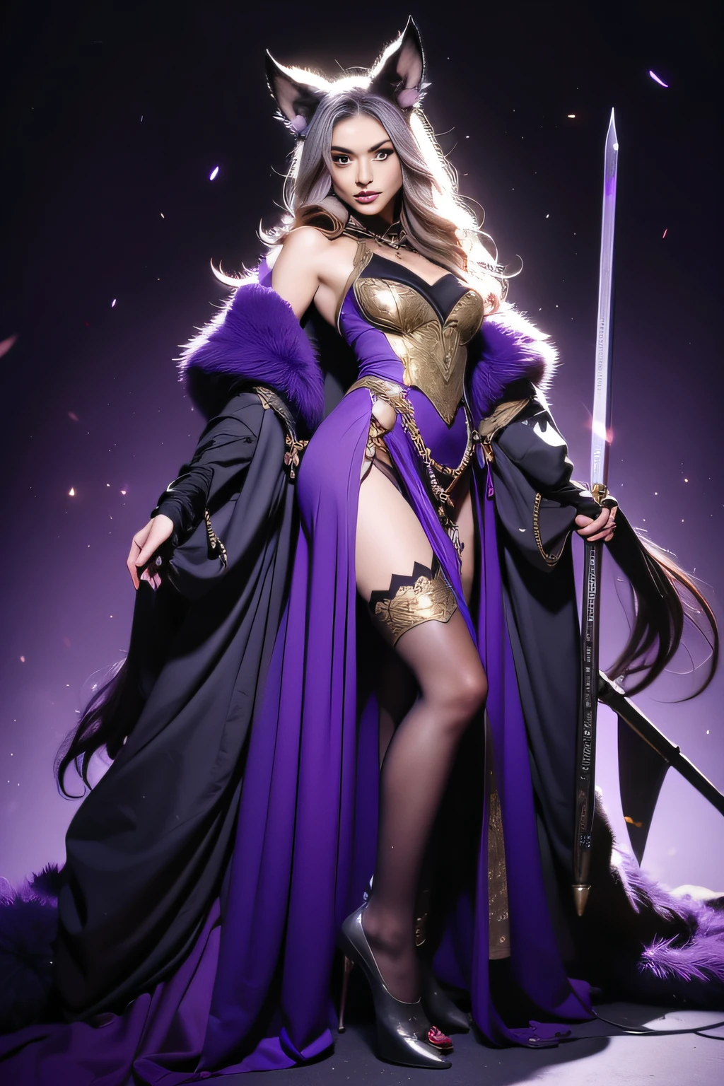 The Witch, wolf women, Full body like, Magical style, Tanuki in League of Legends, Wolf ears, Wolf tail, Golden hair, Hair purple pickaxe dyeing, Black and purple color scheme, short sexy dress, Gold-rimmed décor, A small amount of armor decoration, blackstockings, Sexy and feminine, Anatomically correct, Textured skin, Best quality, 8K