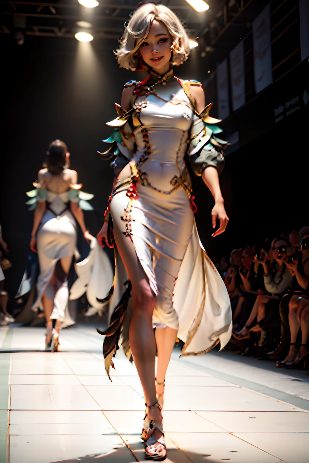 shenhe(Genshin Impact)1girl in, (Smile:1.6) ,Stunningly Beautiful Girl, ah high_Couture, designer dress, High-heeledshoes,haute couture, High Brand,Famous fashion shows, (Covered runway:1.4),Long-form face, beatiful face, DarkRed eyes, Sandy blonde with side sweep hair, Short hair, Long ring, catwalk,red carpet,Multicolored confetti, Vivid colors, masutepiece, Best Quality, Absurder, Highest Quality, Amazing details, 8K, aesthetic,perfect lighting,Look at the audience,(seen from behind:1.2)