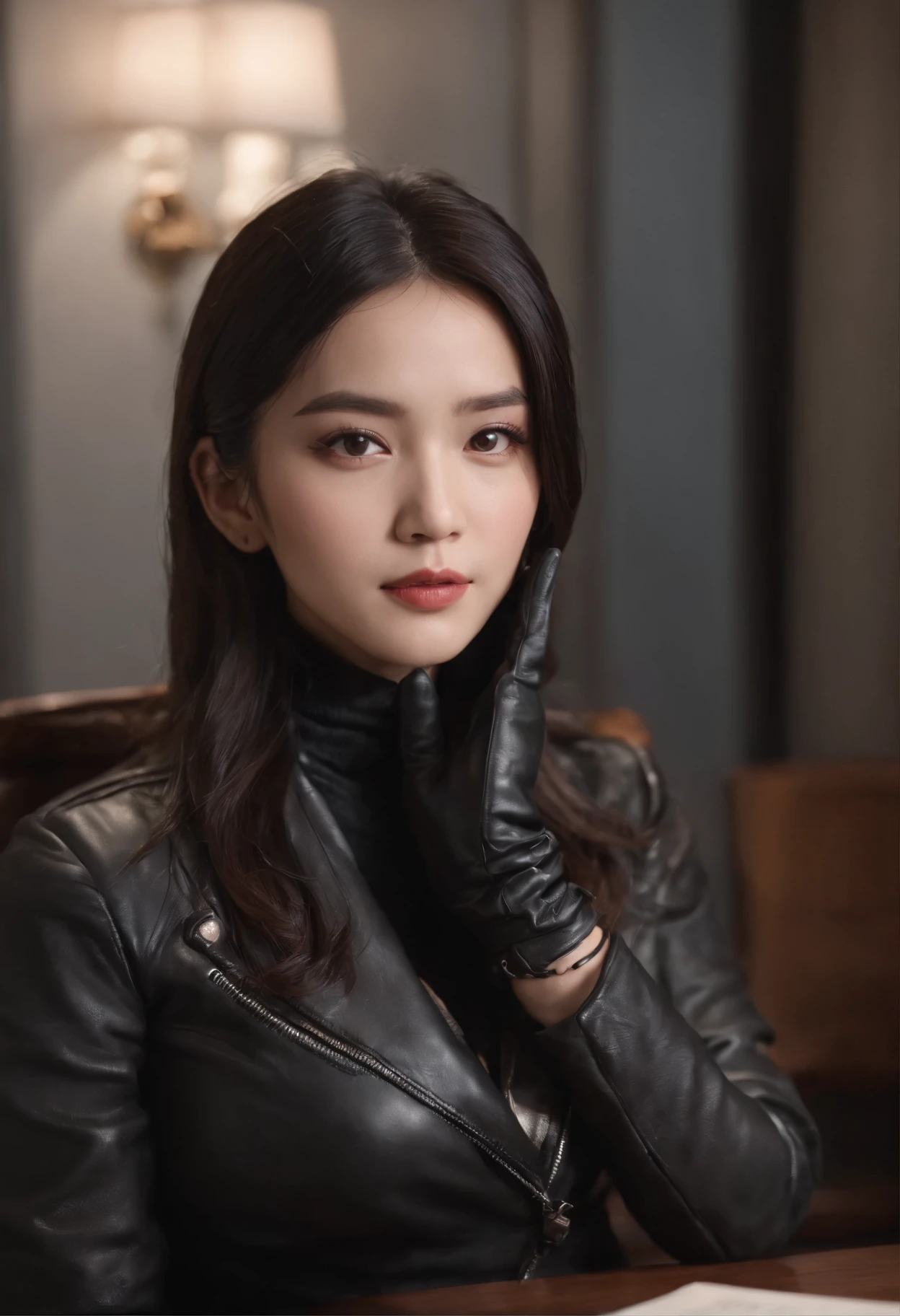 Upper body covered with black leather gloves up to the fingertips in both hands, black leather double riders jacket, slender necklace, young and cute Japanese girl with beautiful black hair, sitting on a black leather chair facing the desk in the president's room at night, sitting on a cheek stick