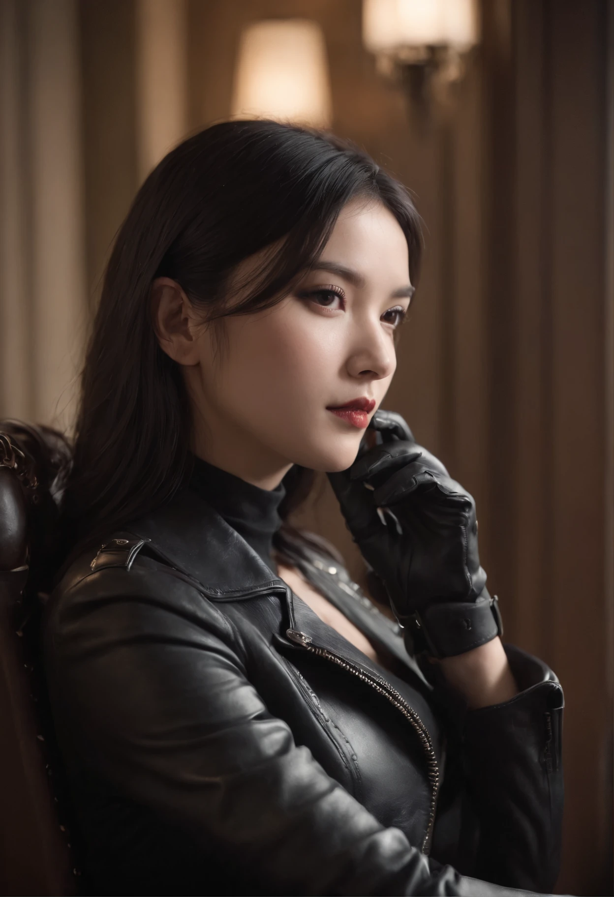 Upper body covered with black leather gloves up to the fingertips in both hands, black leather double riders jacket, slender necklace, young and cute Japanese girl with beautiful black hair, sitting on a black leather chair facing the desk in the president's room at night, sitting on a cheek stick