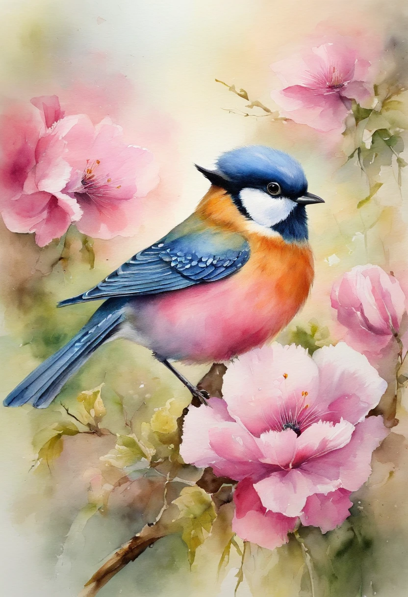 Birds remain pink flowers，Take pollen，Colors are eye-catching，sharp, Best Quality,