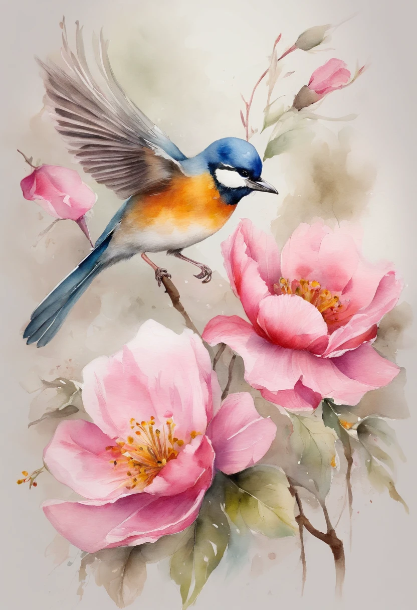 Birds remain pink flowers,Take pollen,Colors are eye-catching,sharp, Best Quality,