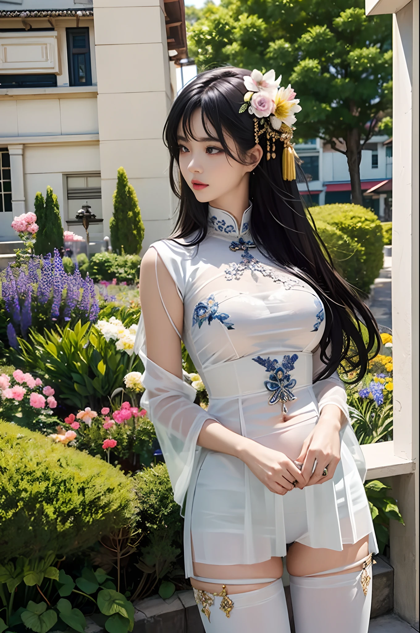 Timeless charm、Elegance、Ultra ultra high definition like a photo movie、Super Real、8K、nffsw、An ultra-high picture quality、masterpiece、In the middle of the flower garden、cowboy shot、Vietnamese girl、One girl、soft smiling、Black eyes、Long black hair flowing back、beautiful countenance、Exquisiteface、perfectly proportions、爆乳、Constriction、a navel、Crotch gap、Enhanced round buttocks、Takali's pretty ass、thighs thighs thighs thighs、Flowers blooming around、complex pattern、Vibrant colors、Elegant and bright Ao Dai style clothing、Ao Dai costume reflects Vietnam's rich cultural heritage、Translucent blue rhinoceros、SITA Panties、no-bra、Garden with colorful flowers、A paradise of natural beauty、A quiet、Gorgeous、Beautiful flower garden in the background、the background is blurred、