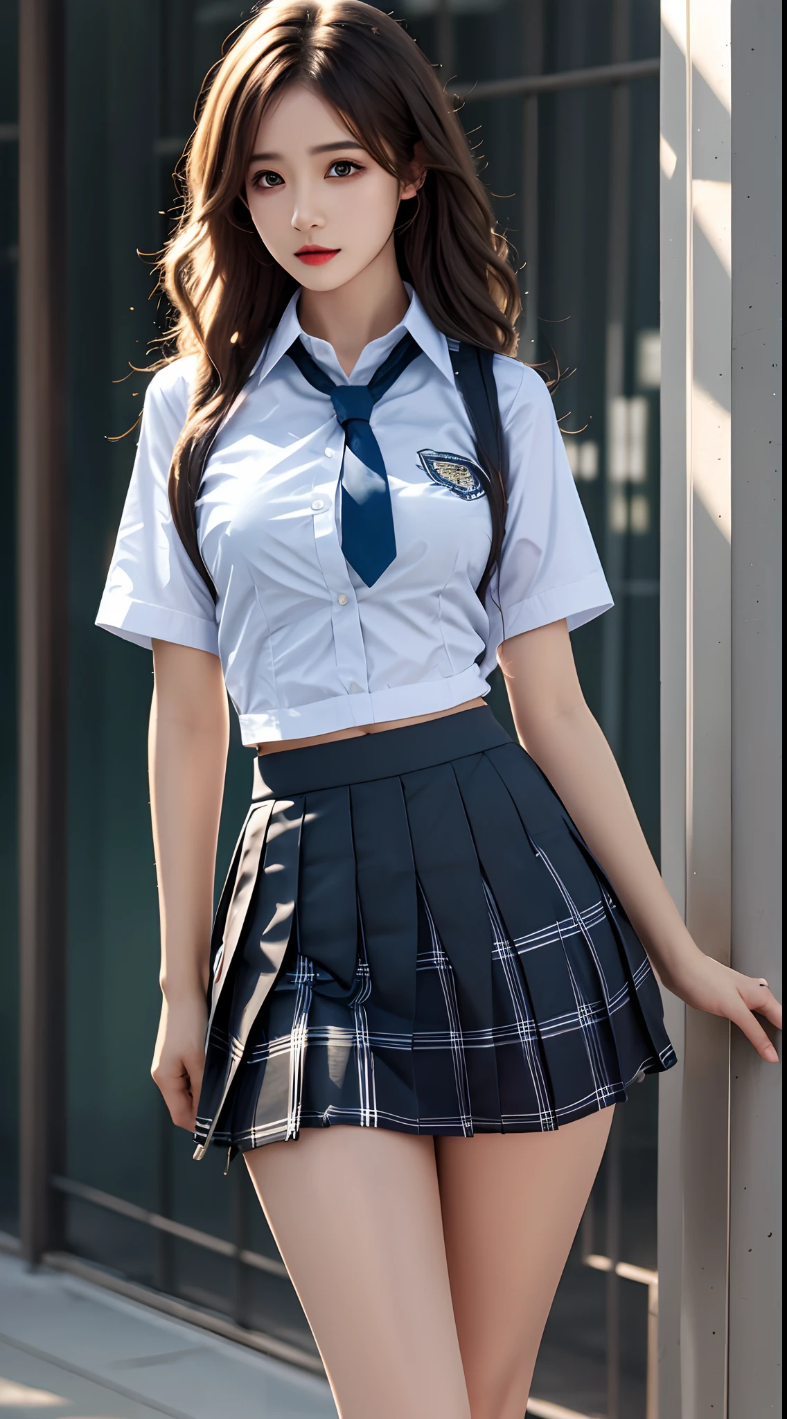 photorealistic, high resolution, 1women, solo, hips up, jewelry, tattoo, wavy hair, school uniform, shirt, mini skirt