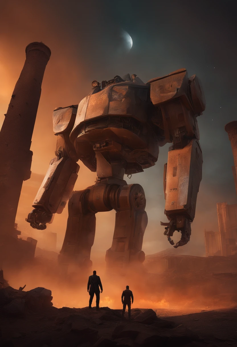 A run-down city with ruins and a battlefield sets the stage for this prompt. Gunsmoke fills the air as a broken giant robot stands in the center, adding a touch of mystery and intrigue. The sky is painted in shades of orange, giving off an eerie yet captivating glow. Dust particles float in the air, catching the radiance of the starry night above. The scene is captured from a low angle, showcasing the vastness of the city and the wreckage around. The wide shot emphasizes the cinematic nature of the artwork. The lighting is carefully crafted, with a cinematic touch that enhances the mood. The overall style is blurry yet ultra-detailed, creating a dreamlike atmosphere. The use of an ultra-wide angle lens adds depth and perspective to the composition. The image quality is of the highest standard, with a resolution of 8k, ensuring every detail is captured flawlessly.